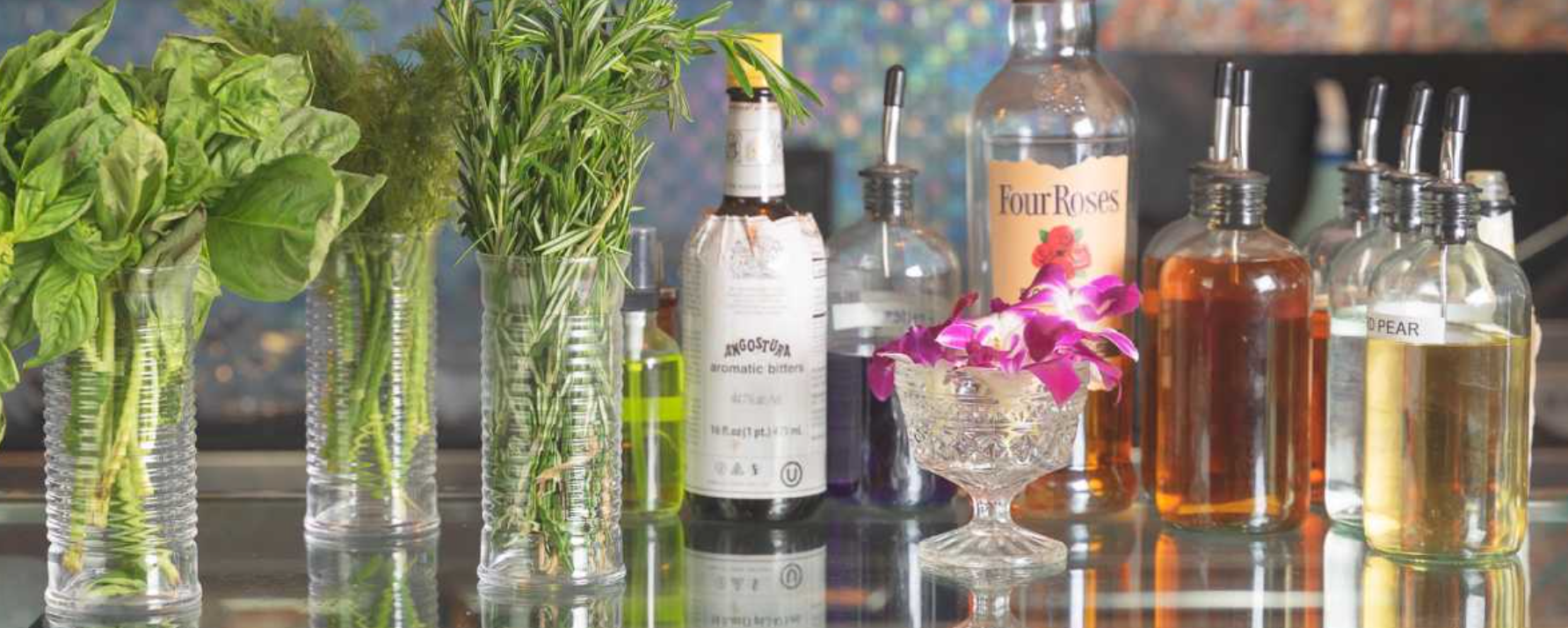 Bar counter with bottles and glasses