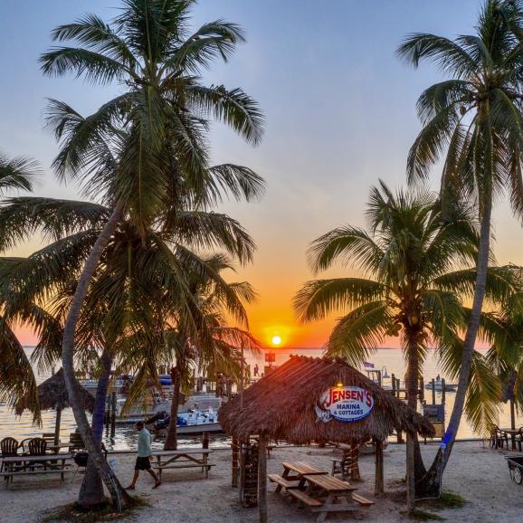 palm trees and sun setting behind tiki bar at Jensen's Marina on Captiva Island